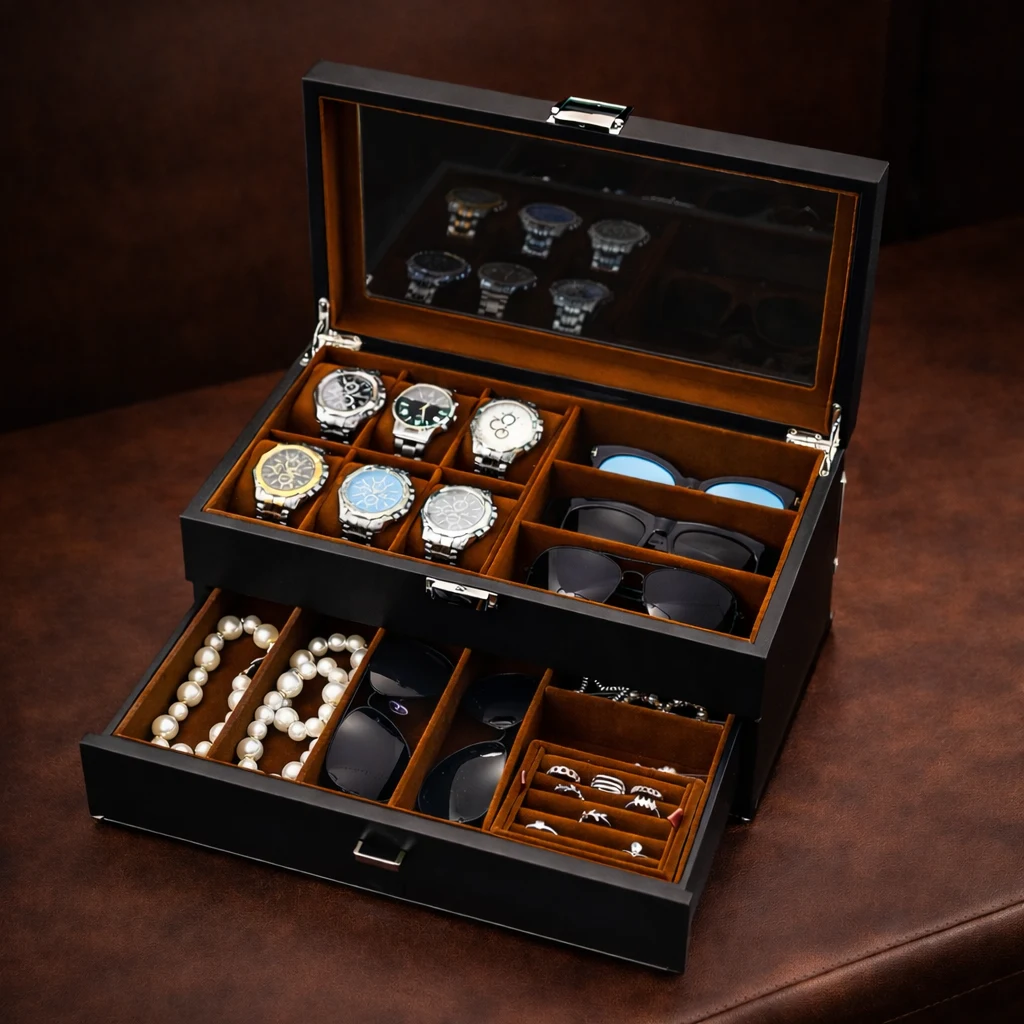 Two-tier watch valet box with jewelry drawer