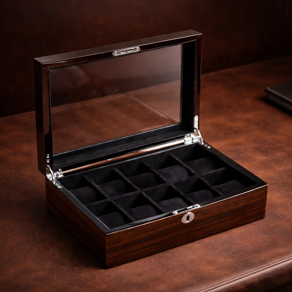 6-slot wooden watch organizer box with glass top