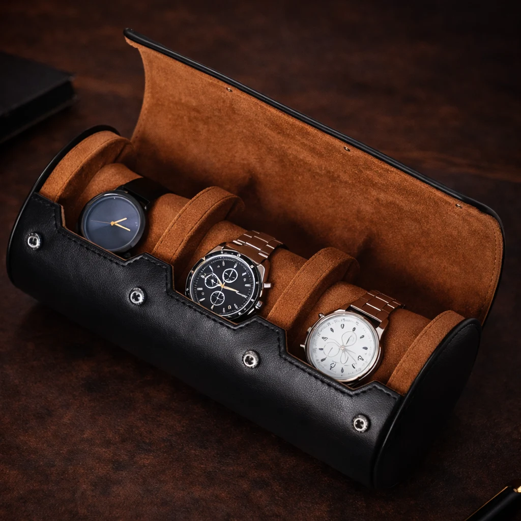 Hexagon leather watch roll with snap closure