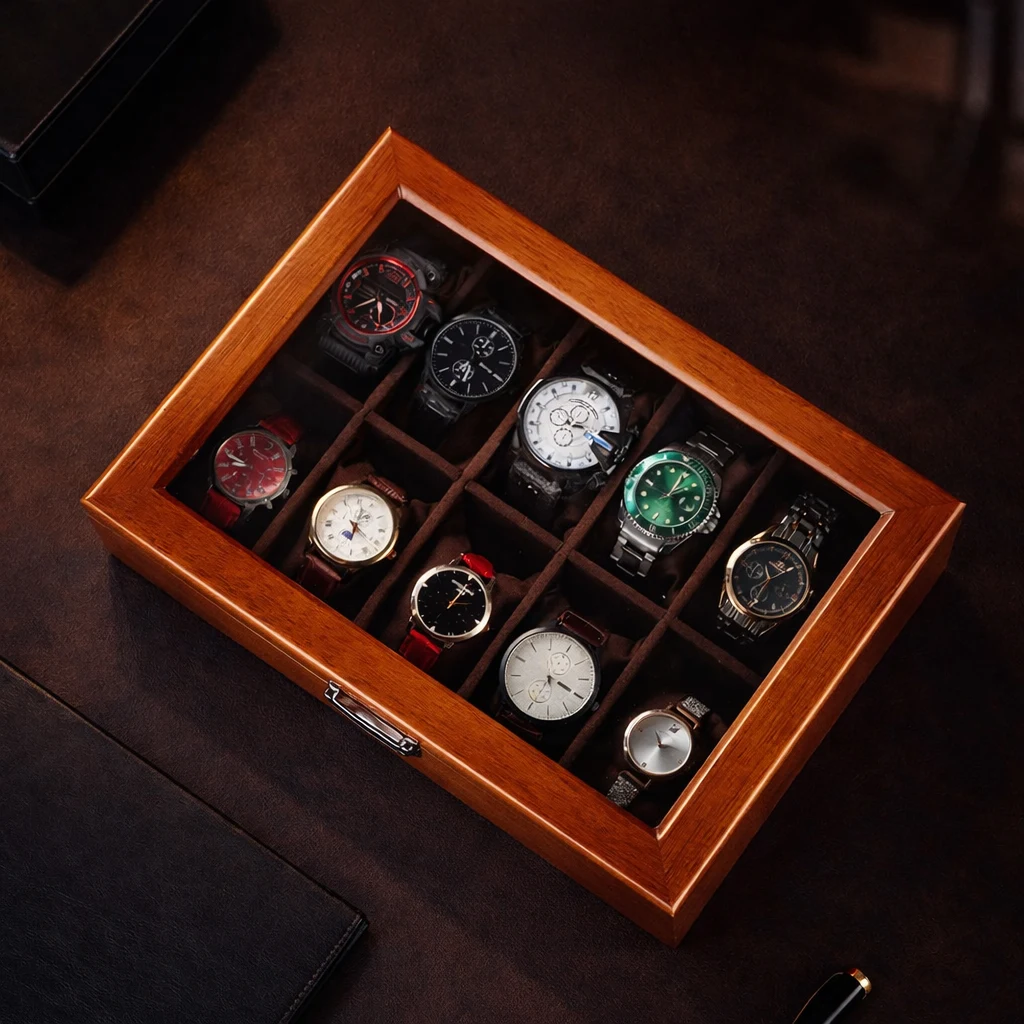 Glass top wooden watch collector display box