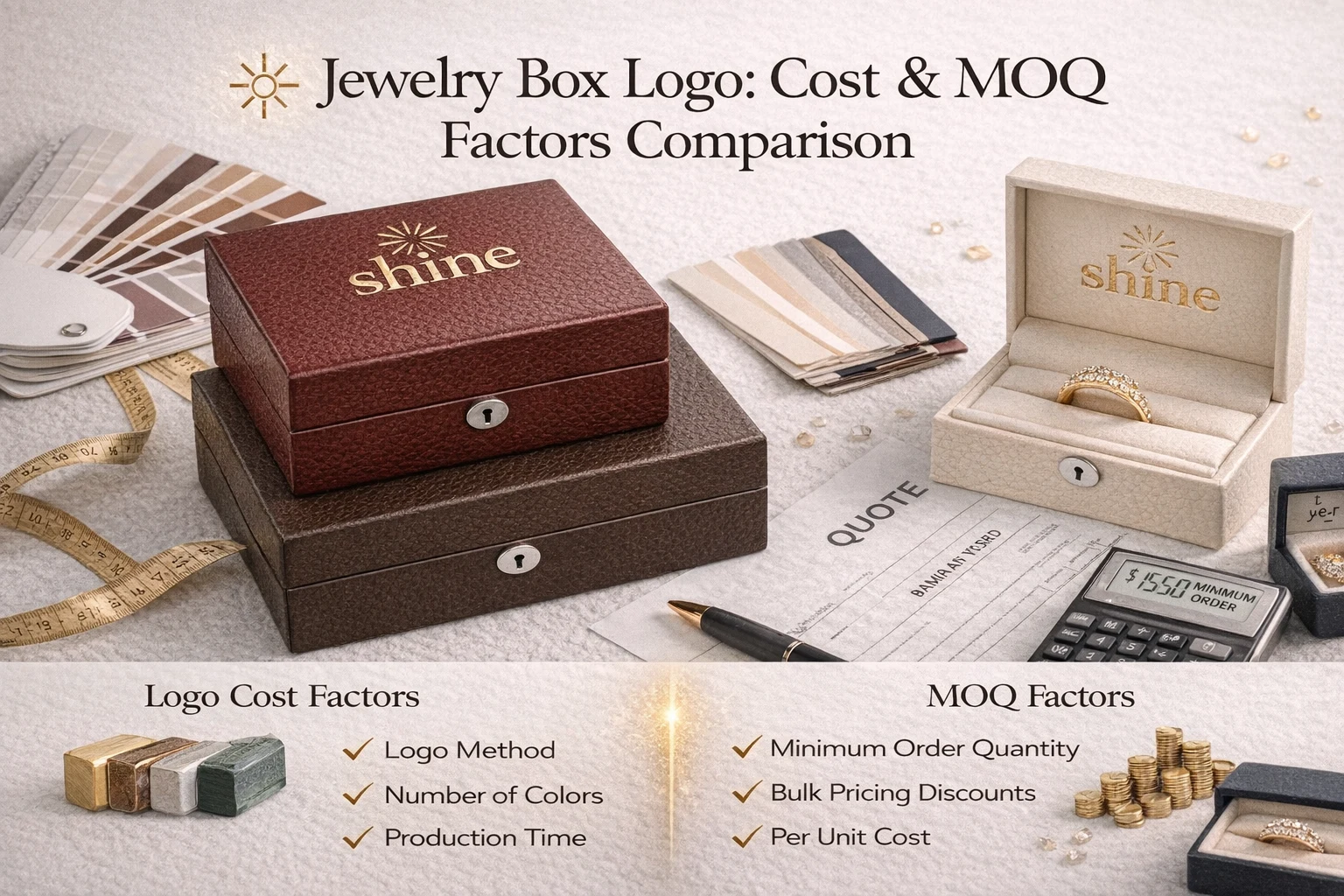 Custom jewelry boxes with logo showing different sizes and configurations for cost and MOQ comparison