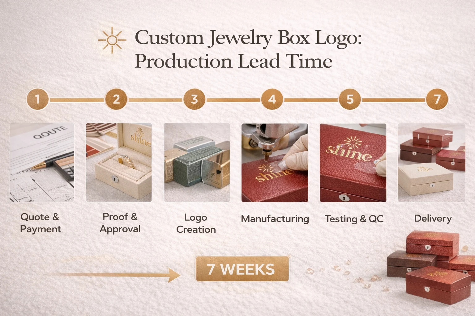 Production lead time timeline for custom jewelry boxes with logo from hand sample to mass production
