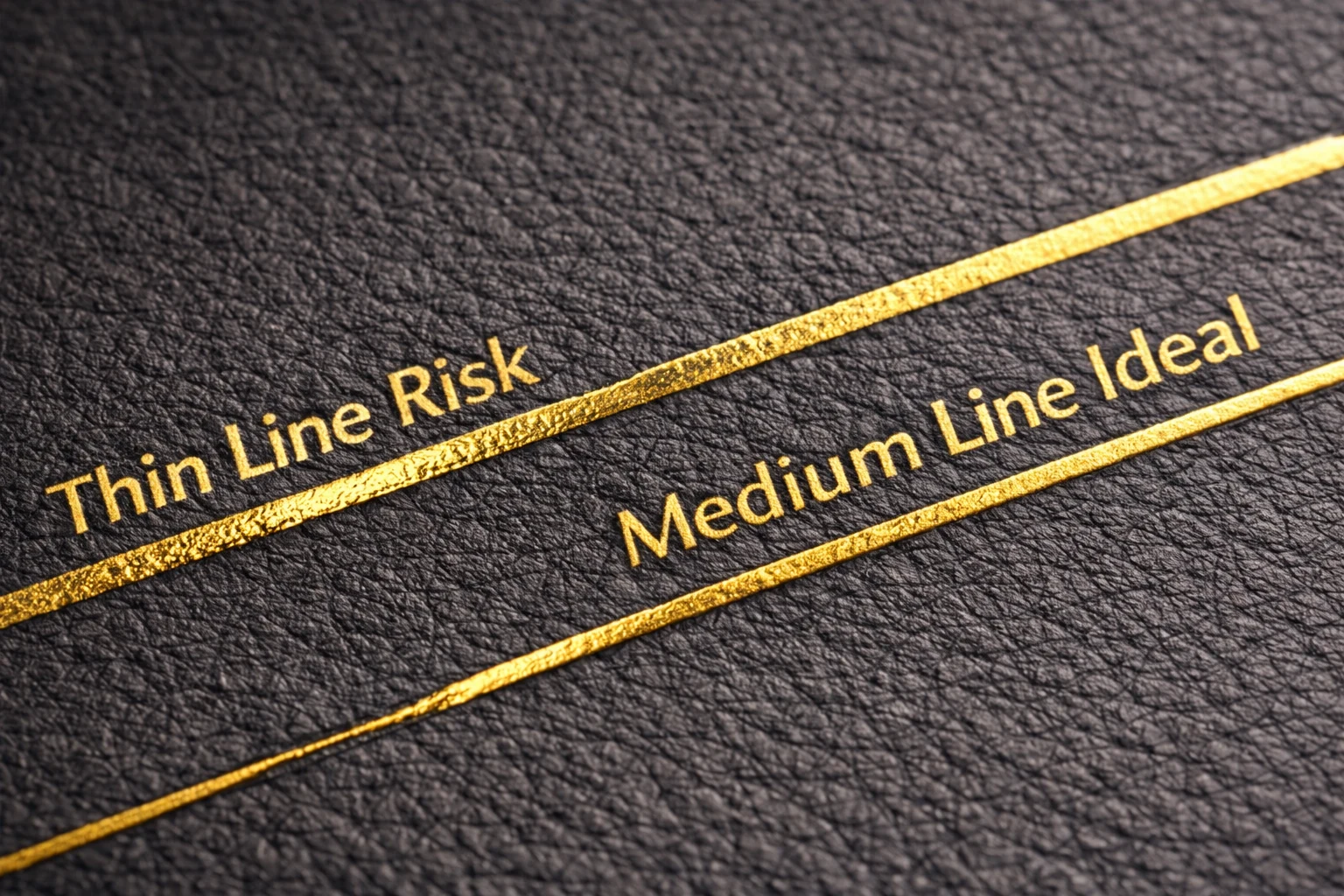 Gold foil stamping detail showing thin line risk versus ideal medium line thickness on textured jewelry box surface.
