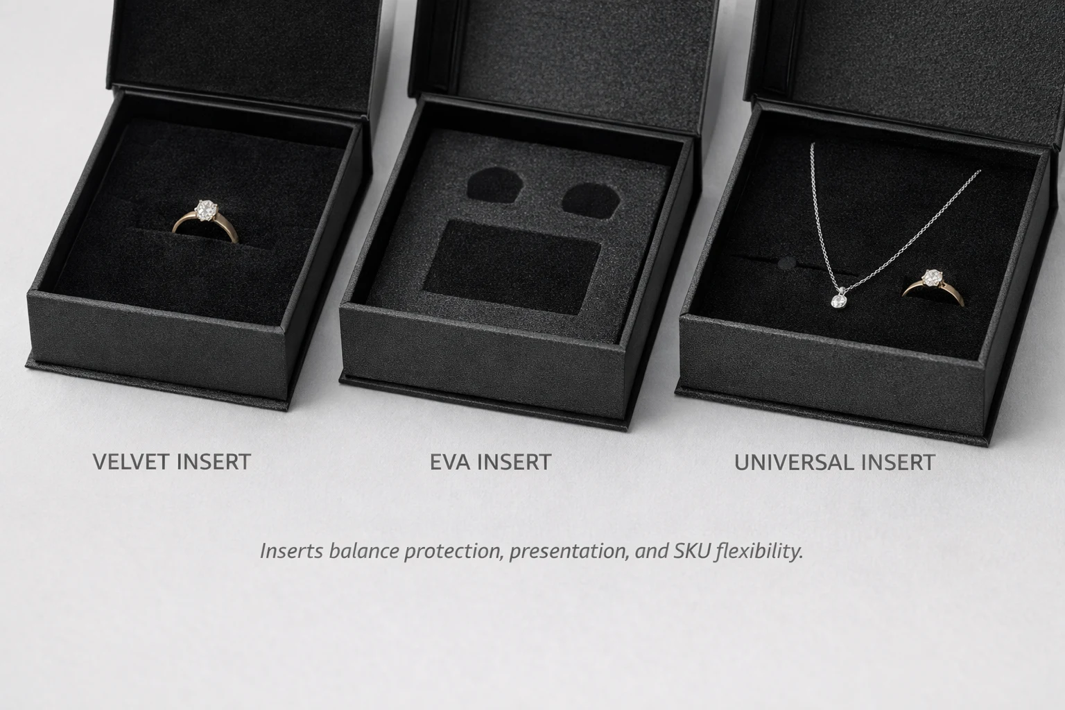 Jewelry box insert options including velvet inserts, EVA protective inserts, and universal inserts for multiple jewelry types