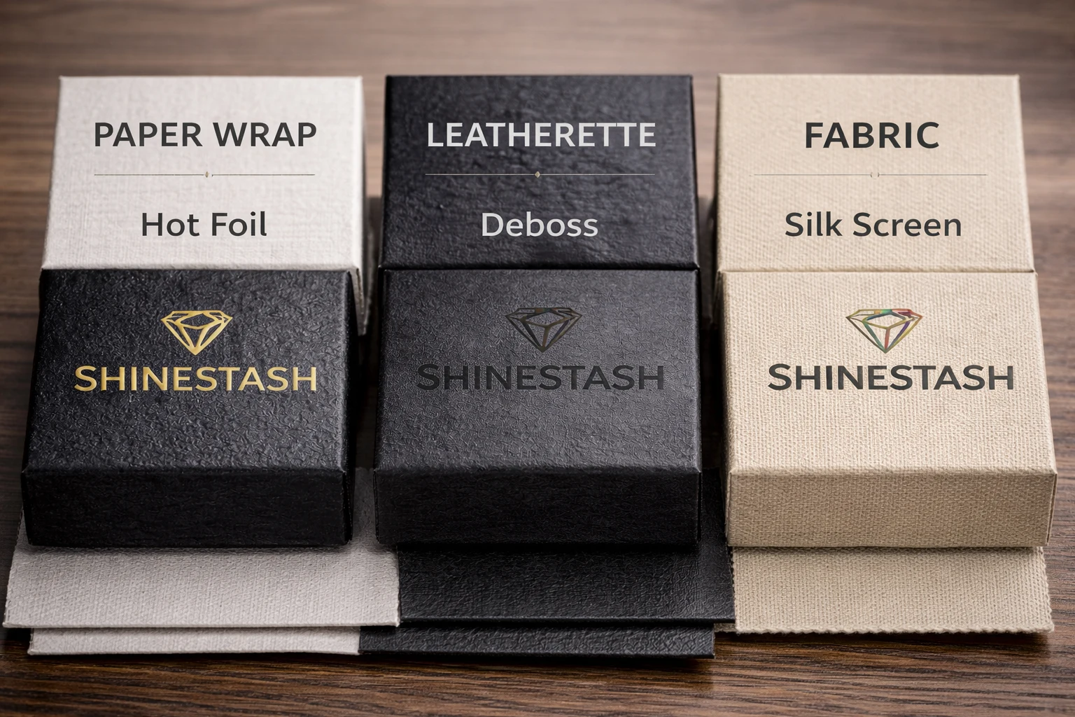 Comparison of jewelry box materials including paper wrap, leatherette, and fabric with suitable logo finishing methods applied.