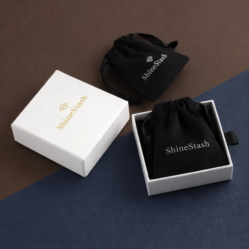 Bulk jewelry boxes with branded drawstring pouch for wholesale gift packaging programs