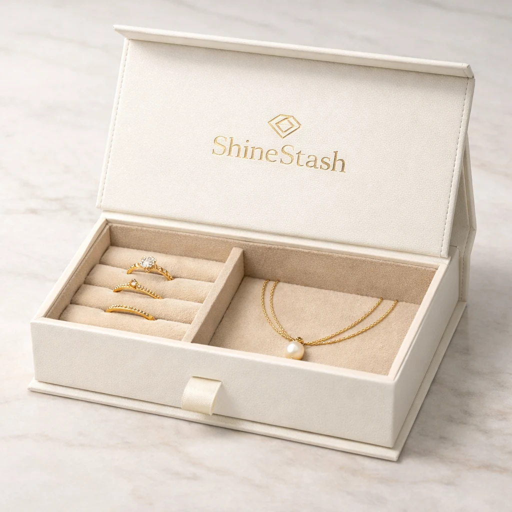 Ivory rigid jewelry box with gold foil logo and soft velvet insert for rings and necklace