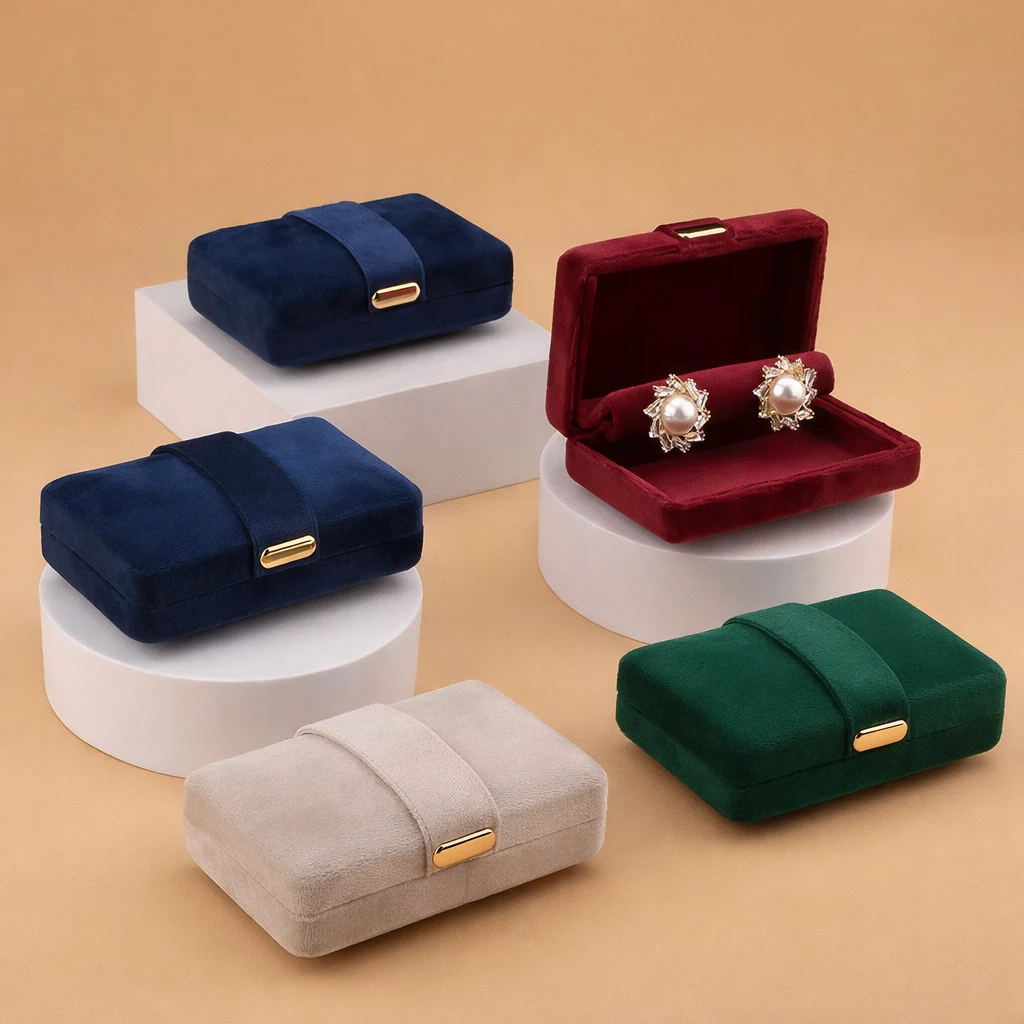 Mini velvet jewelry boxes in multiple colors with metal clasp for bulk gift sets and launches
