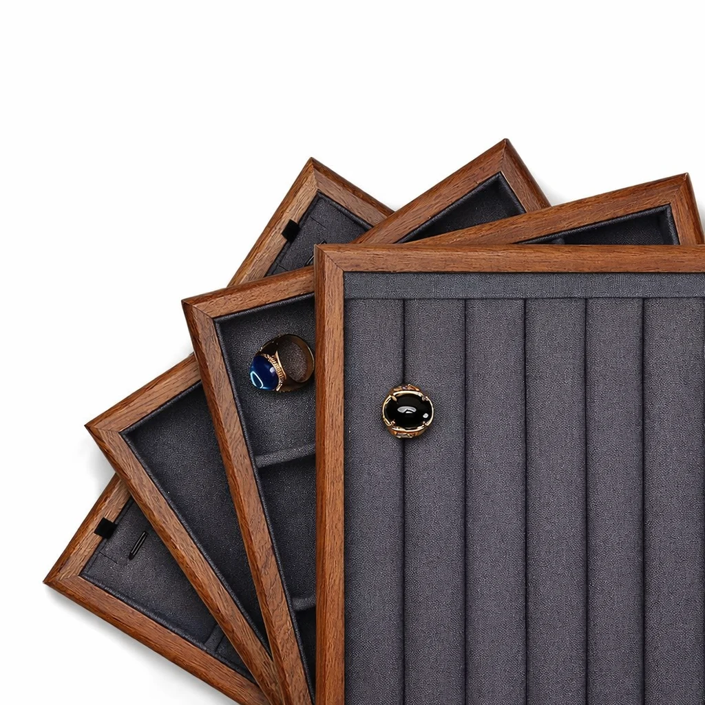 shinestash jewelry box organizer ring slot tray wood frame gray velvet