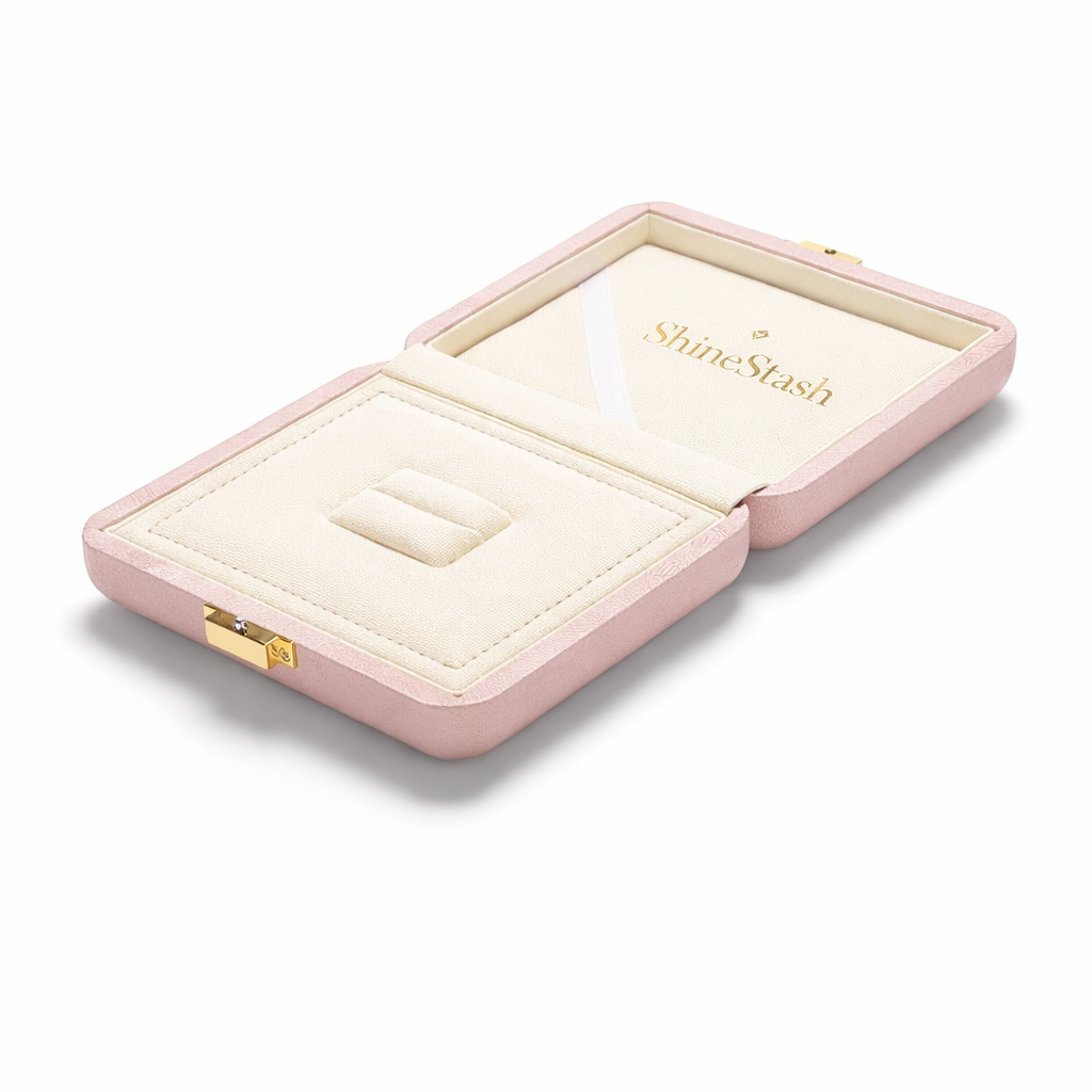 Pink ShineStash luxury jewelry box packaging, flat open view showing structured insert and ribbon detail