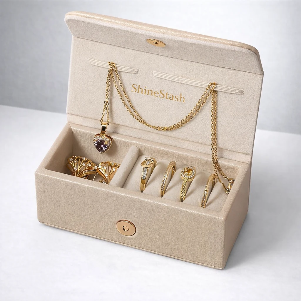 Travel jewelry box organizer open with necklace hooks and ring slots