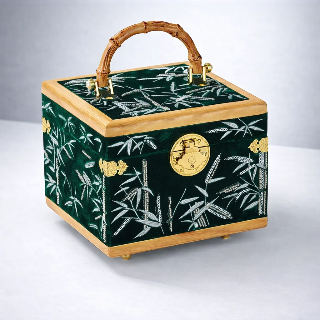 Green velvet jewelry box with bamboo handle and gold latch