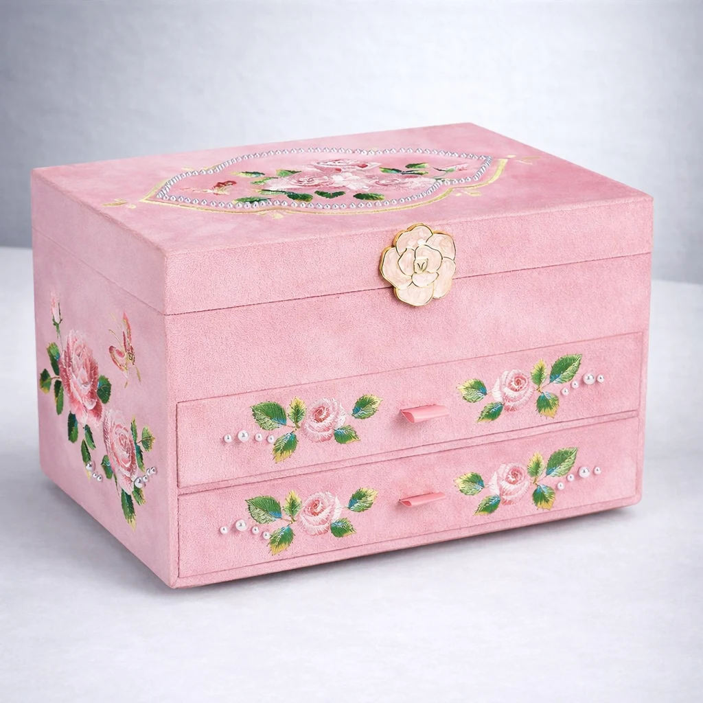 Pink velvet drawer jewelry box organizer with floral design
