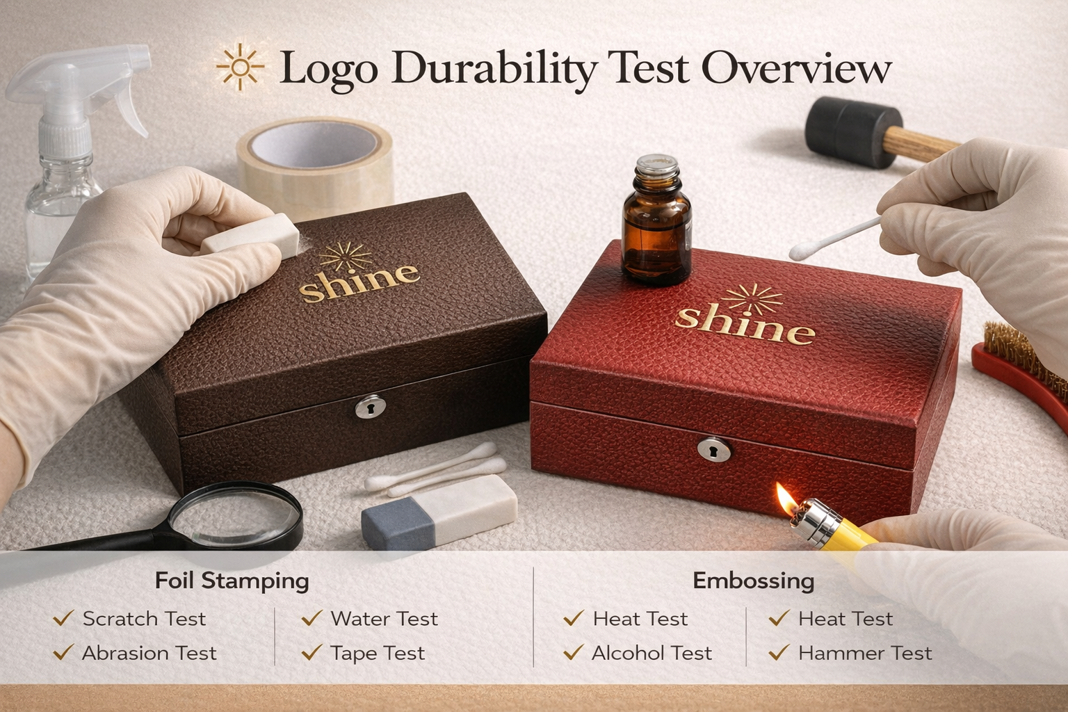 Logo durability test overview showing common checks for foil stamping and embossed logo finishes on custom jewelry boxes.