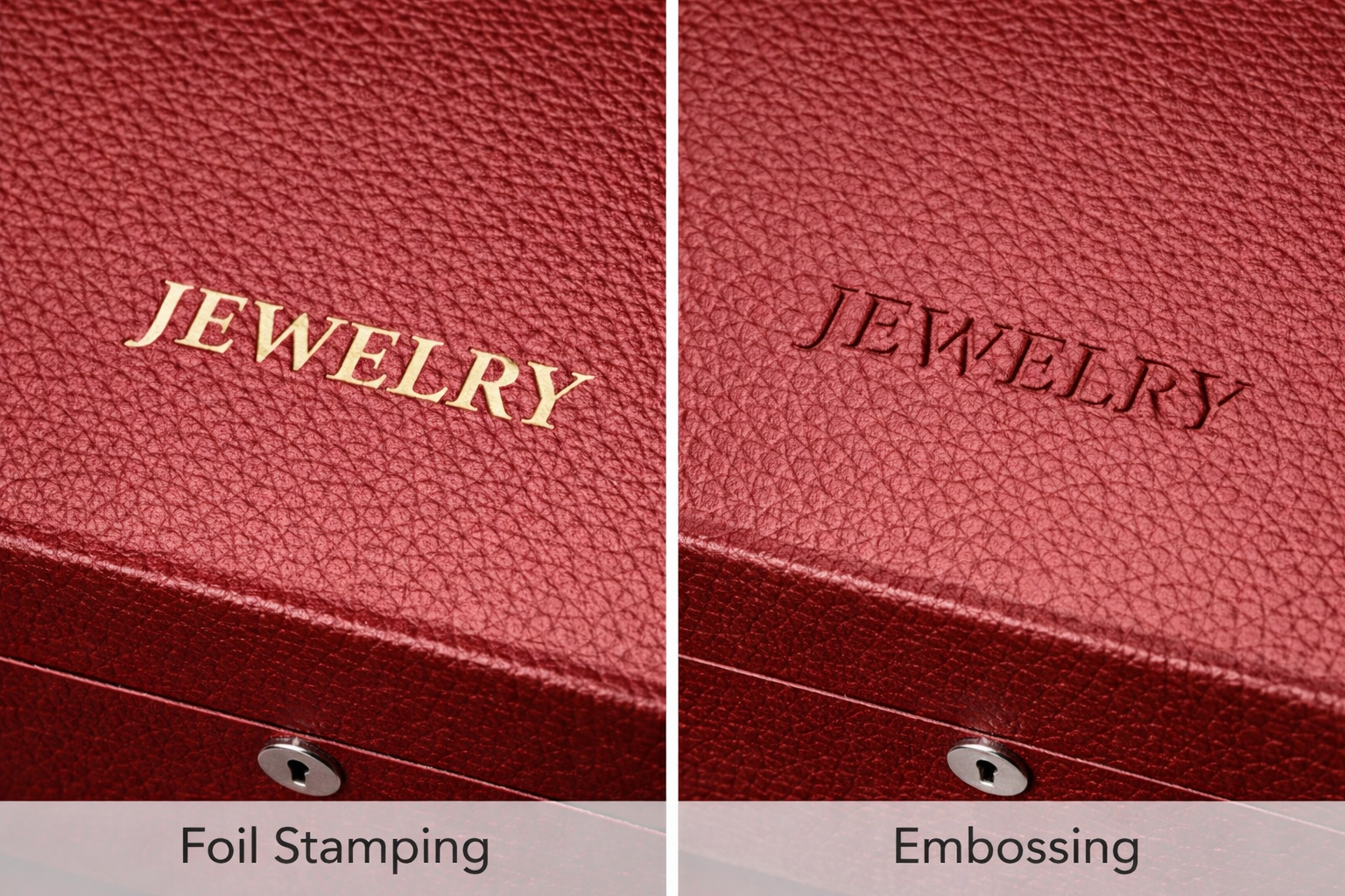 Close-up detail of foil stamping and embossed logo on jewelry box lid