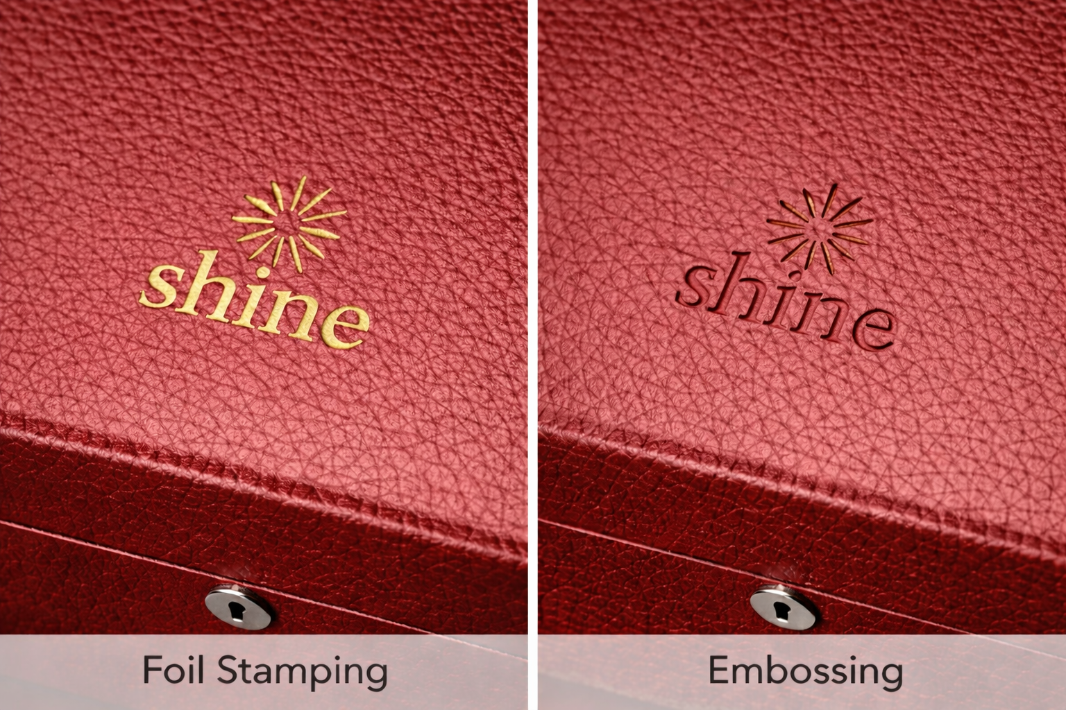 Side-by-side comparison of ShineStash logo using foil stamping and embossing on luxury jewelry box packaging