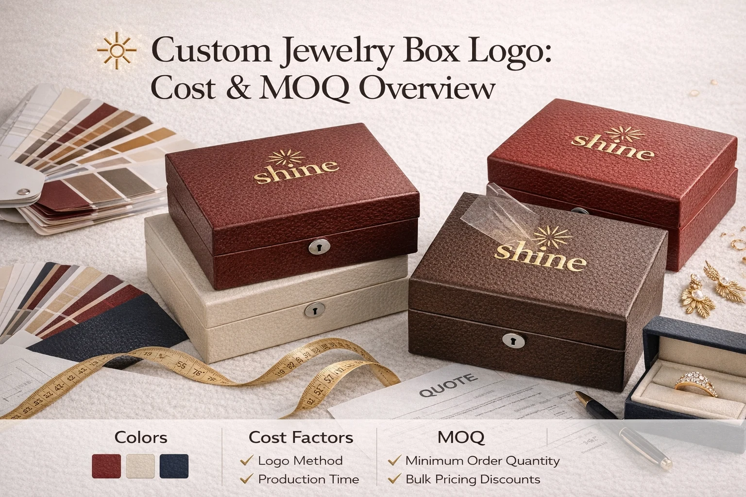 Custom jewelry boxes with logo showing different sizes and configurations for cost and MOQ comparison