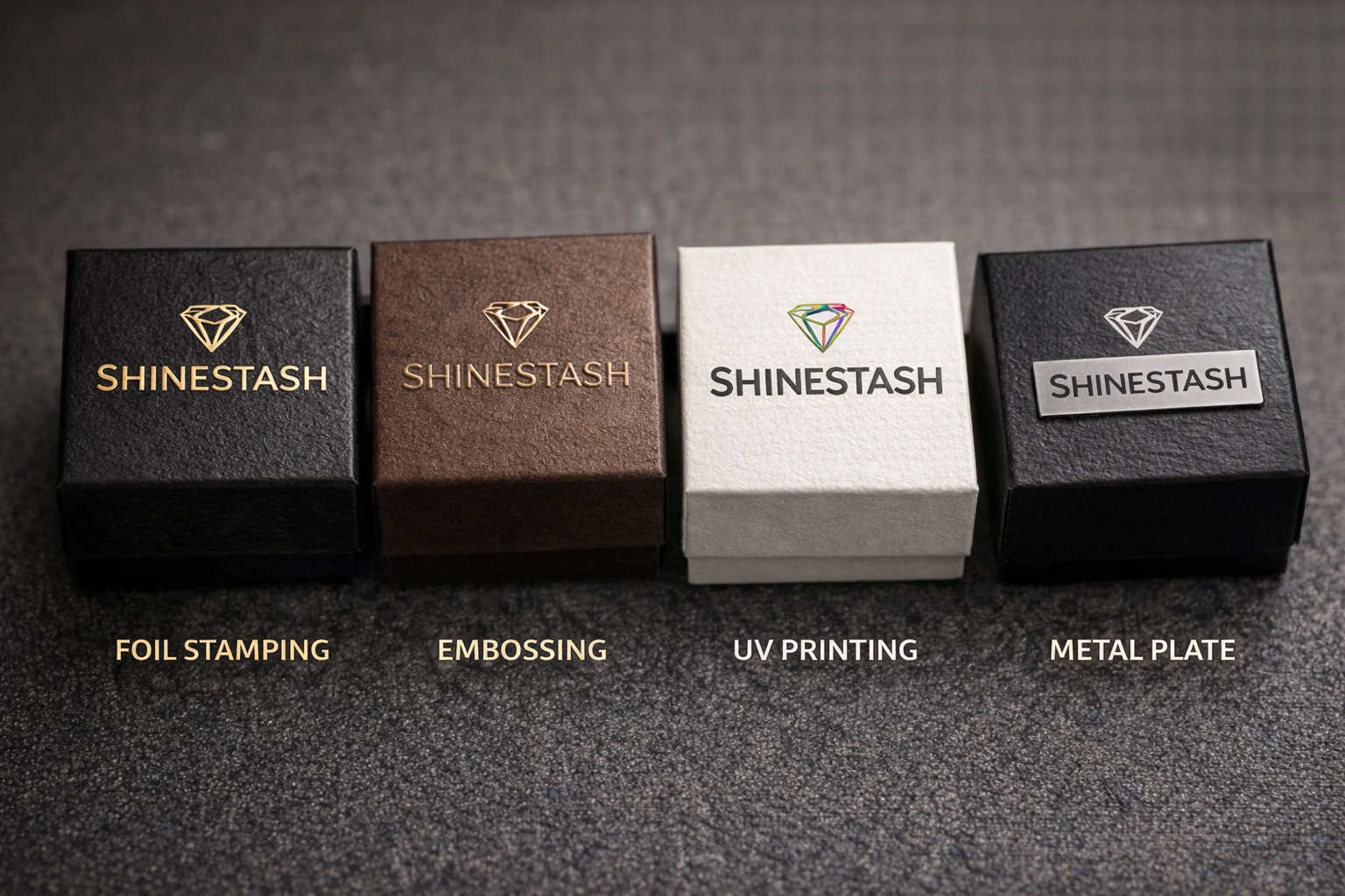 Front view comparison of jewelry boxes showing four logo finishes: foil stamping, embossing, UV printing, and metal logo plate.