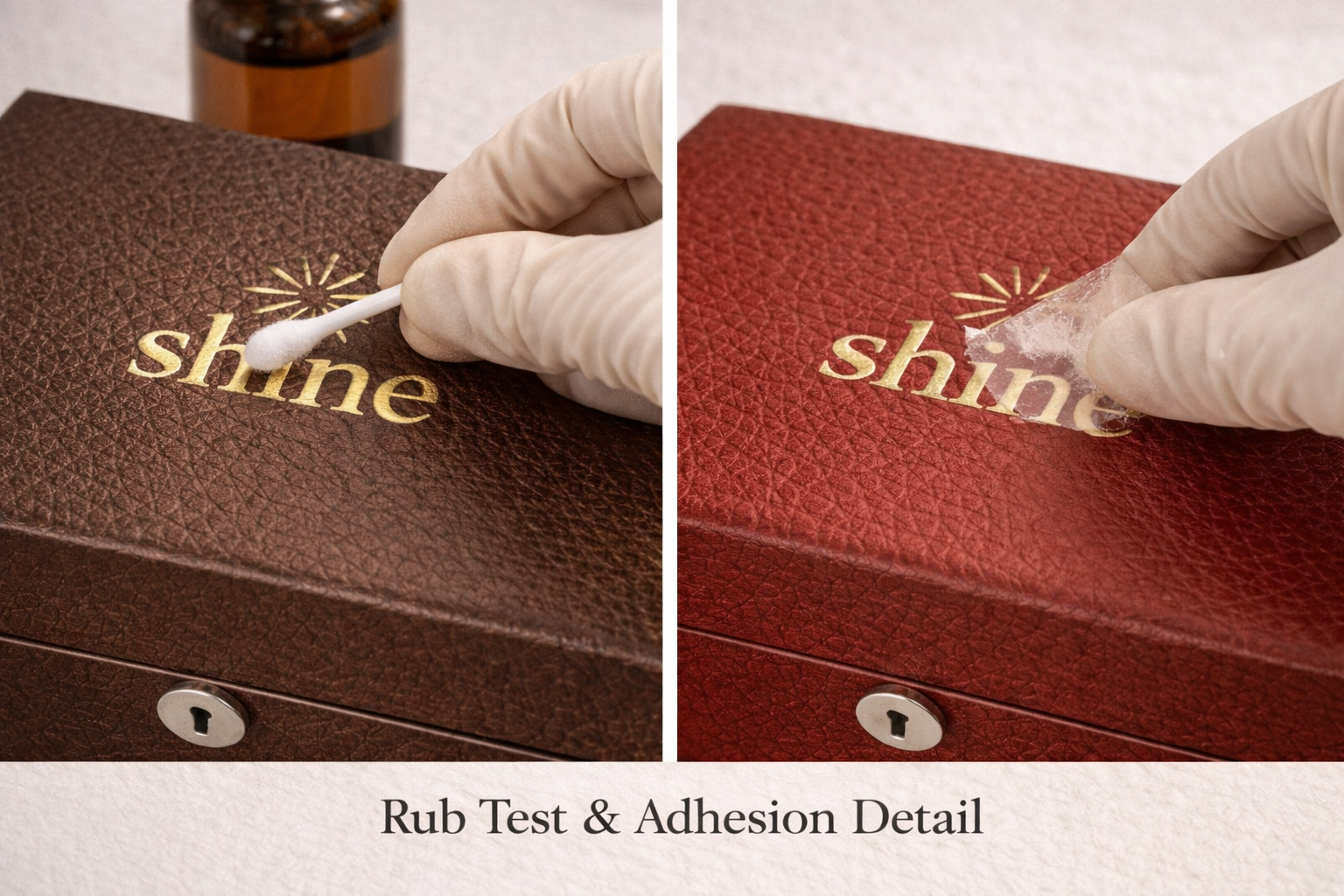 Close-up of jewelry box logo rub test and adhesion test comparing foil stamping and embossed logo finishes