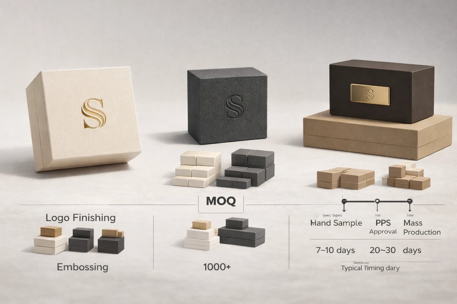 Custom jewelry box logo cost factors including foil stamping embossing MOQ and production lead time