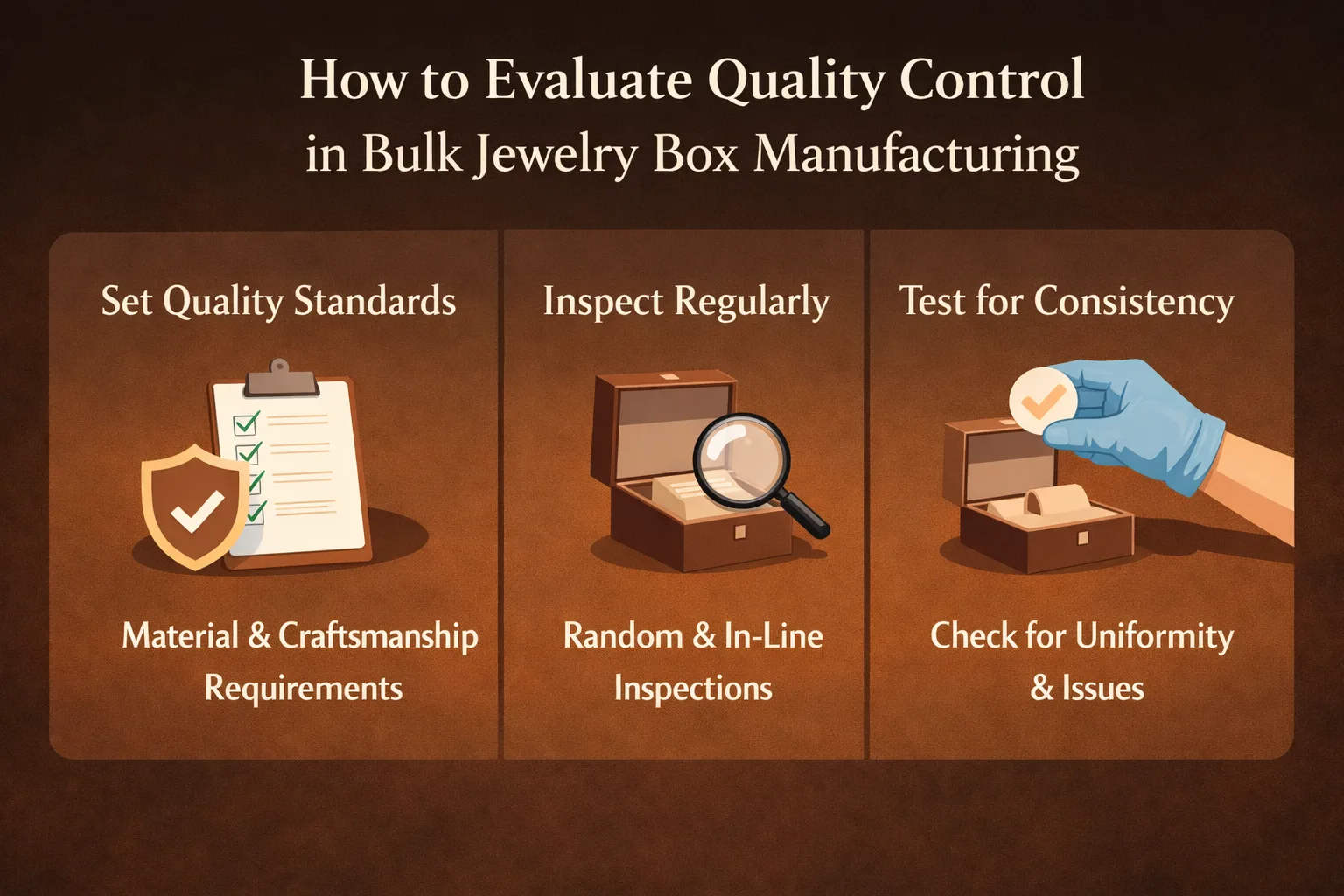 Jewelry box quality control process for bulk orders including inspection of materials and workmanship