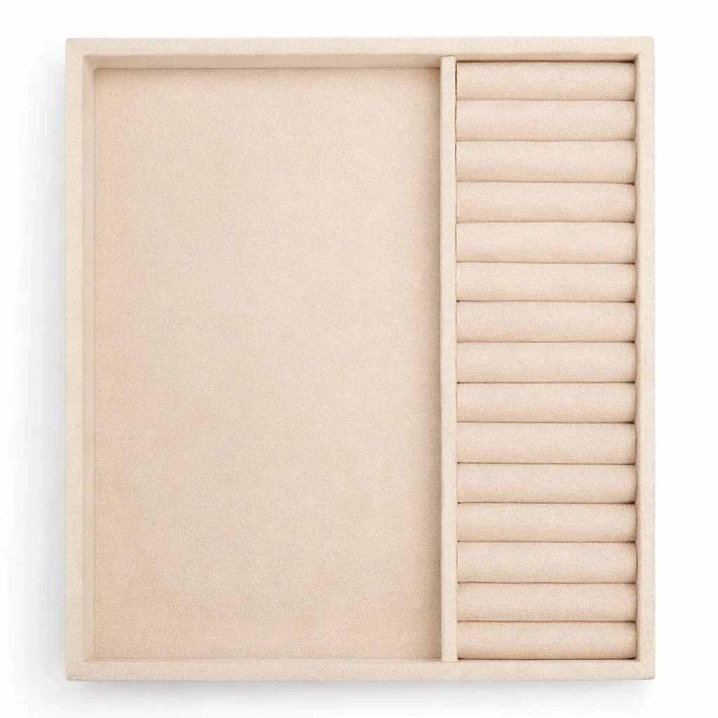 Beige custom jewelry box insert tray with ring rolls and open storage area