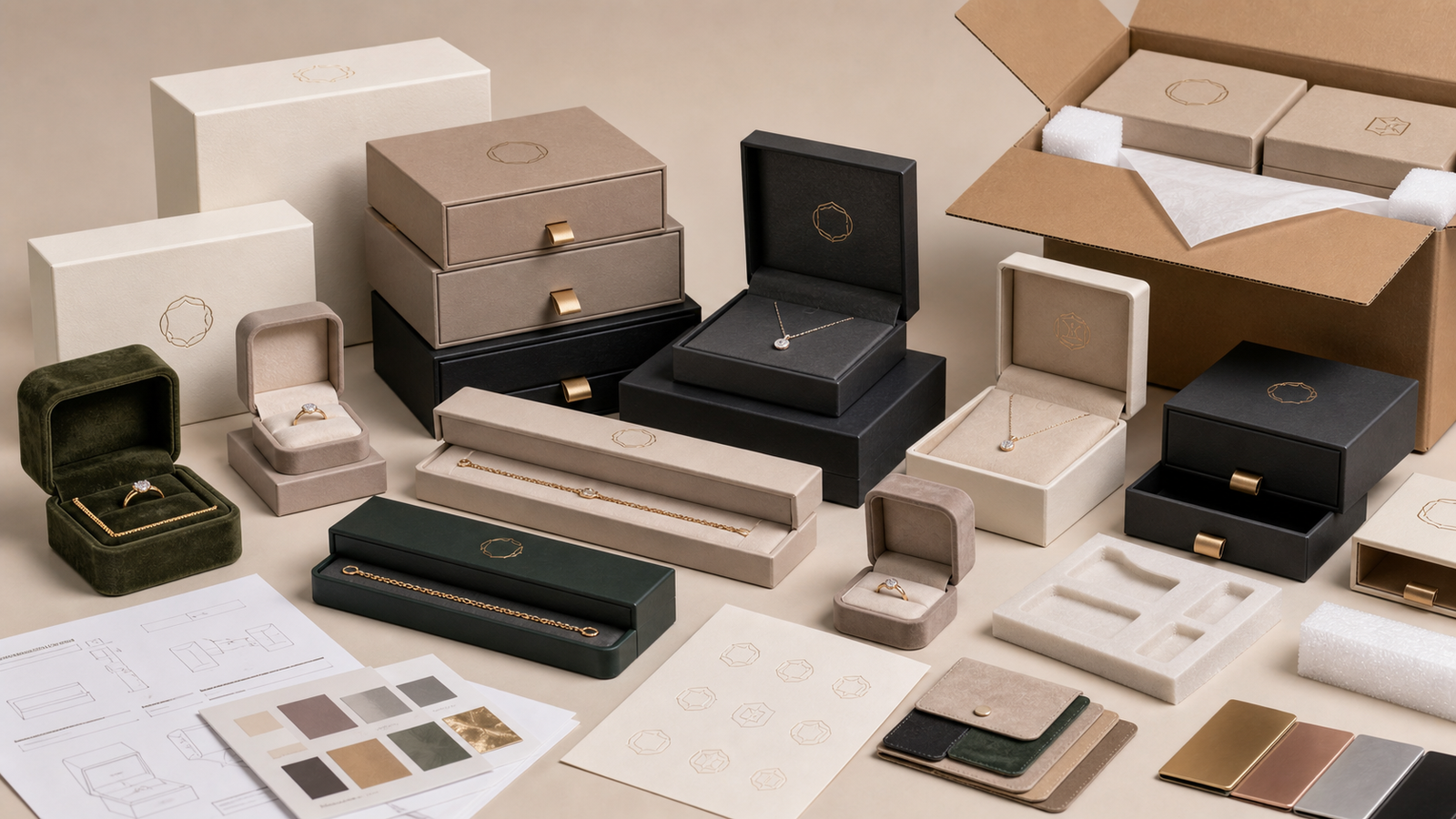 Custom jewelry boxes with logo wholesale guide showing branded ring boxes, necklace boxes, inserts and foil stamped packaging