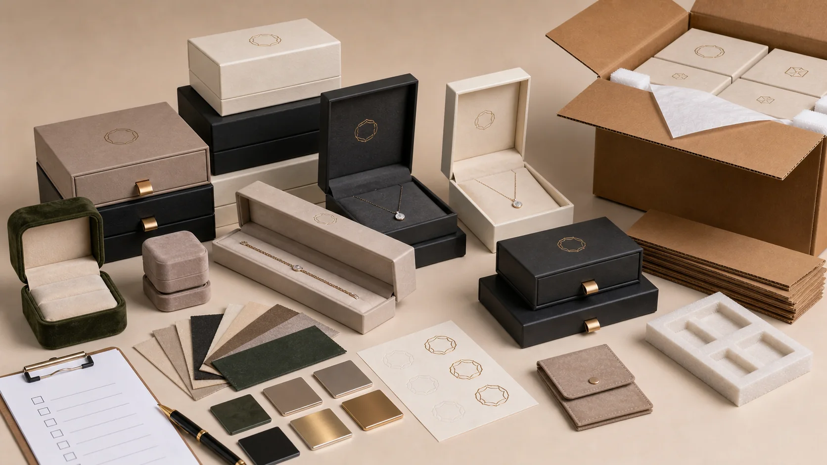 Custom jewelry packaging supplier sample boxes, inserts, material swatches and export packing
