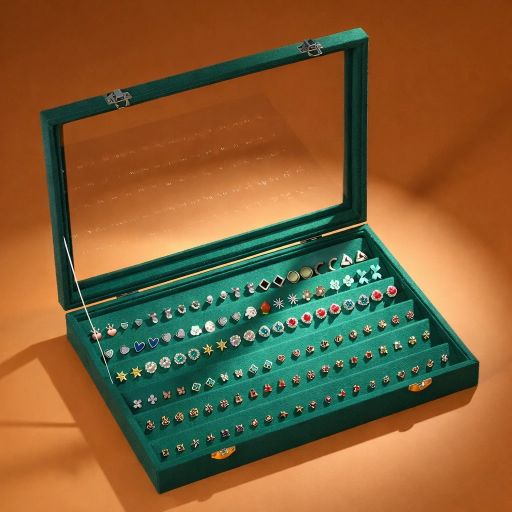 Green velvet earring display case with glass lid for branded jewelry presentation