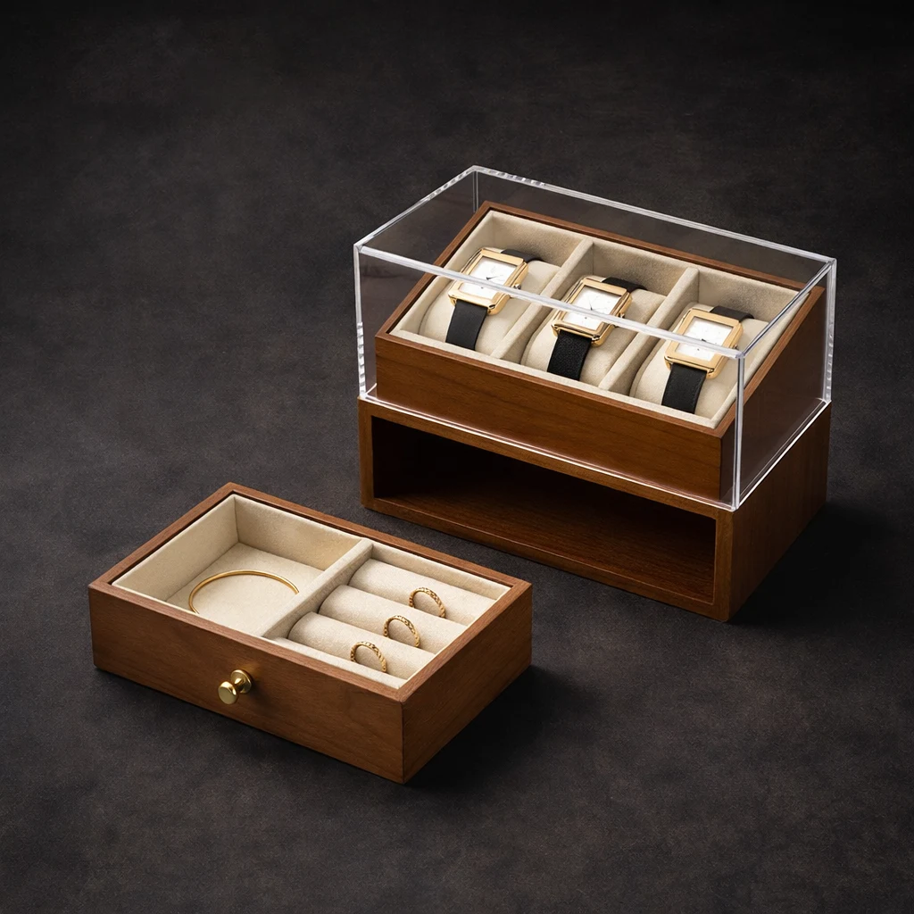 Wood and acrylic watch display box with jewelry drawer for premium packaging