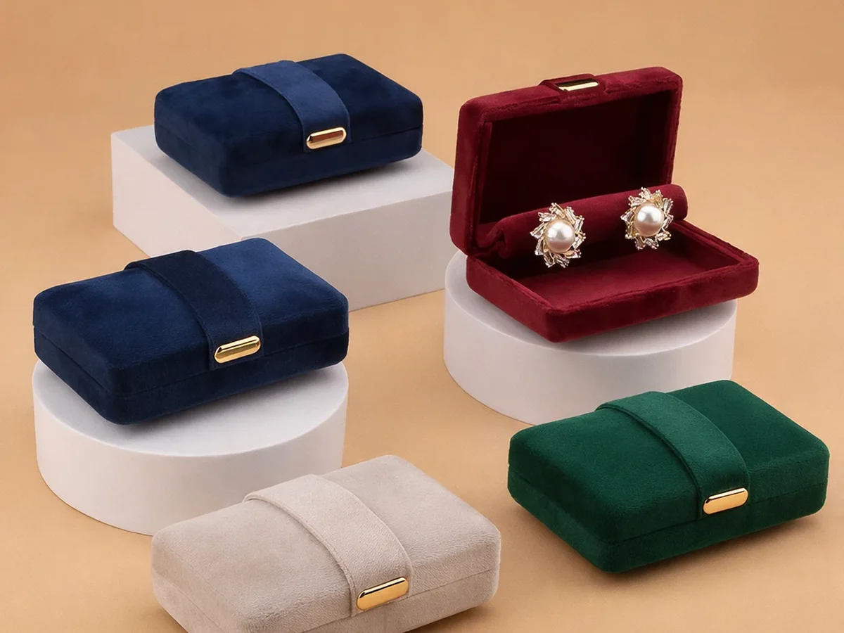 Custom Jewelry Boxes & Packaging Manufacturer | ShineStash Velvet jewelry boxes in multiple colors for custom retail packaging without text overlay