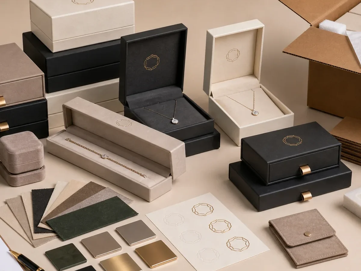 Custom Jewelry Boxes & Packaging Manufacturer | ShineStash Coordinated jewelry packaging set with boxes, inserts, material swatches and carton packing