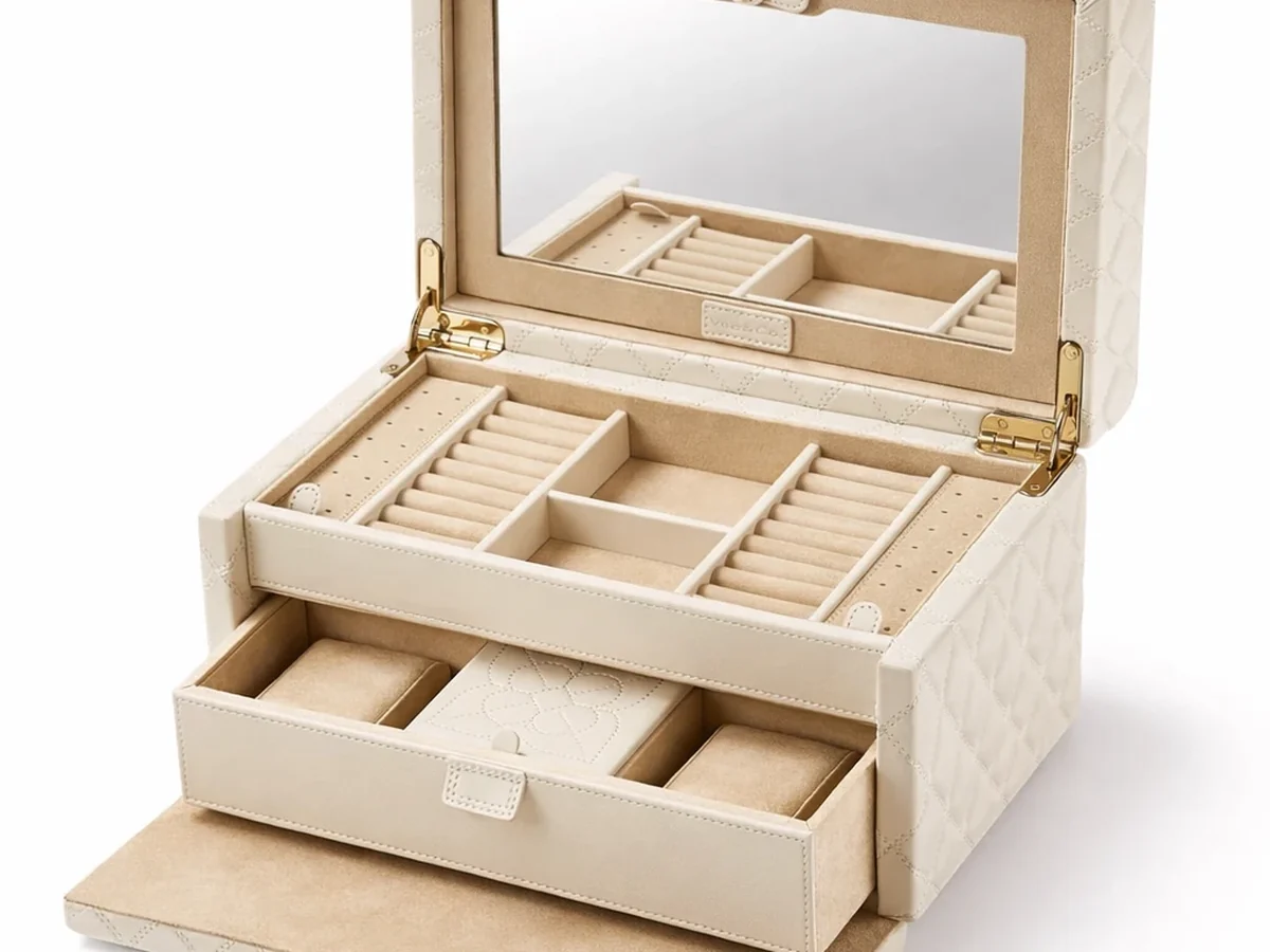 Custom Jewelry Boxes & Packaging Manufacturer | ShineStash Cream jewelry box organizer with removable inserts and drawer without text overlay