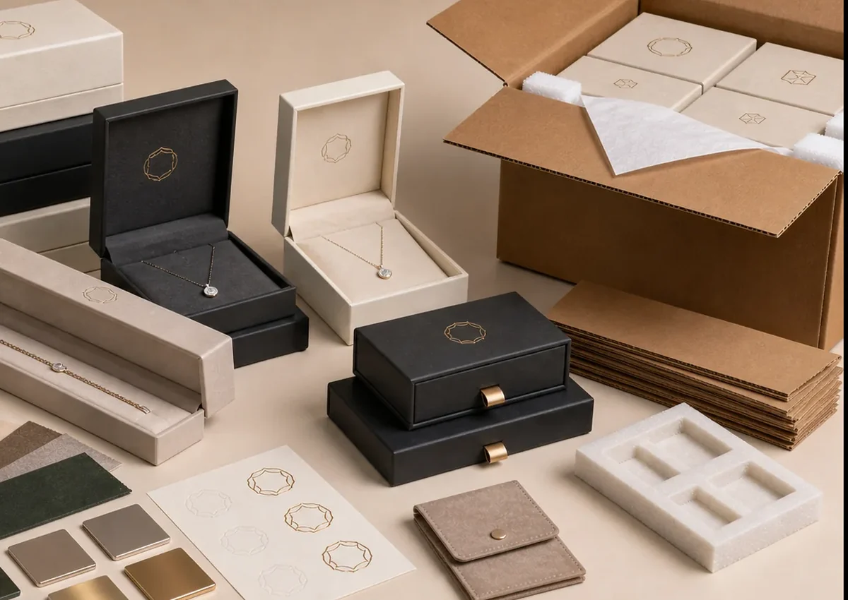 Custom Jewelry Boxes & Packaging Manufacturer | ShineStash Custom jewelry packaging inserts, boxes and export carton packing without text overlay