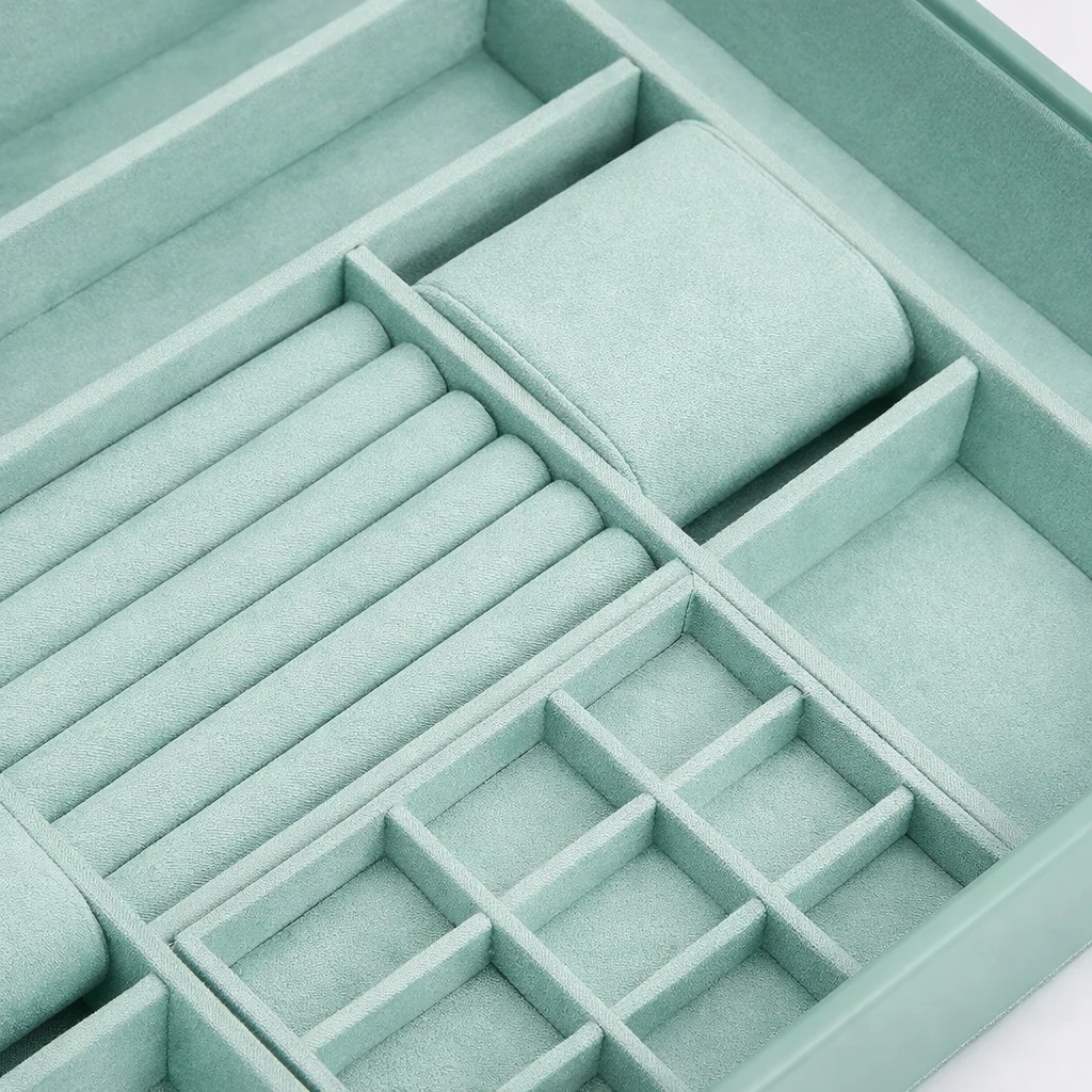 Mint jewelry box insert tray with ring rolls, compartments and watch pillow
