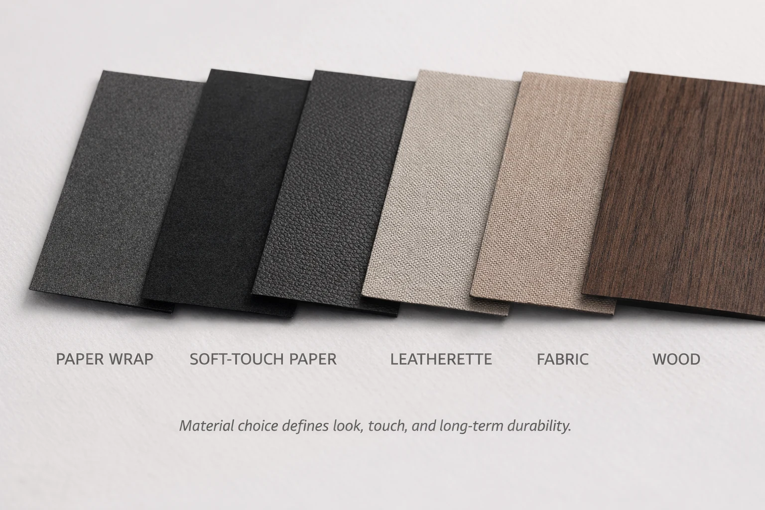 Custom Jewelry Packaging Services | OEM/ODM Process Jewelry packaging material swatches for paper leatherette fabric and wood options