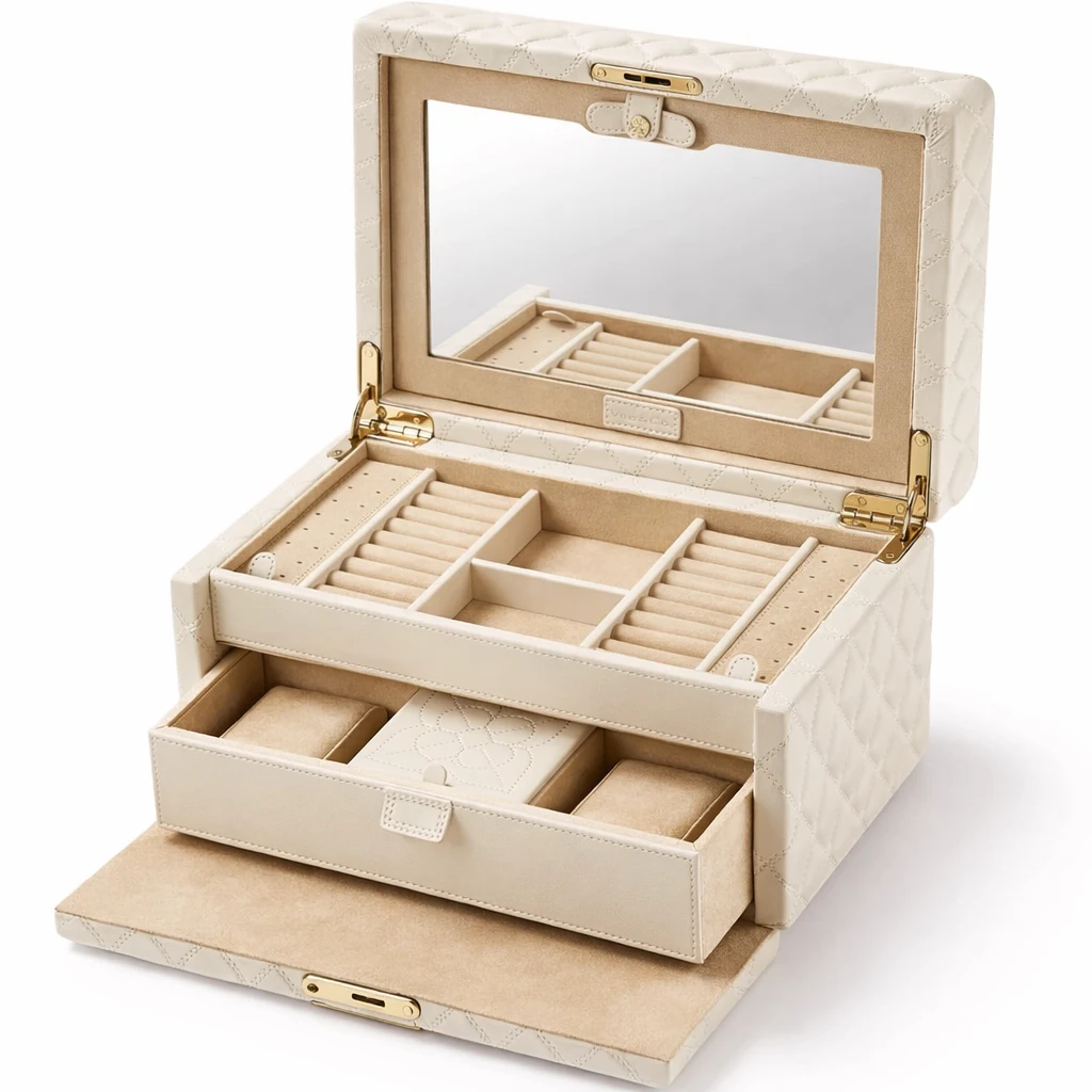 Cream jewelry box organizer with removable insert trays and drawer