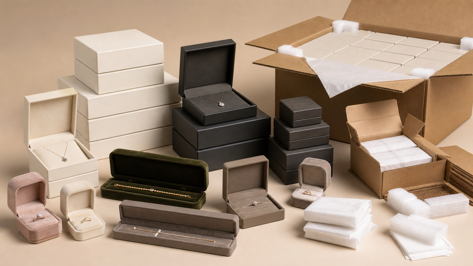 Jewelry boxes in bulk guide for B2B buyers with custom logo boxes, inserts and protective export packaging