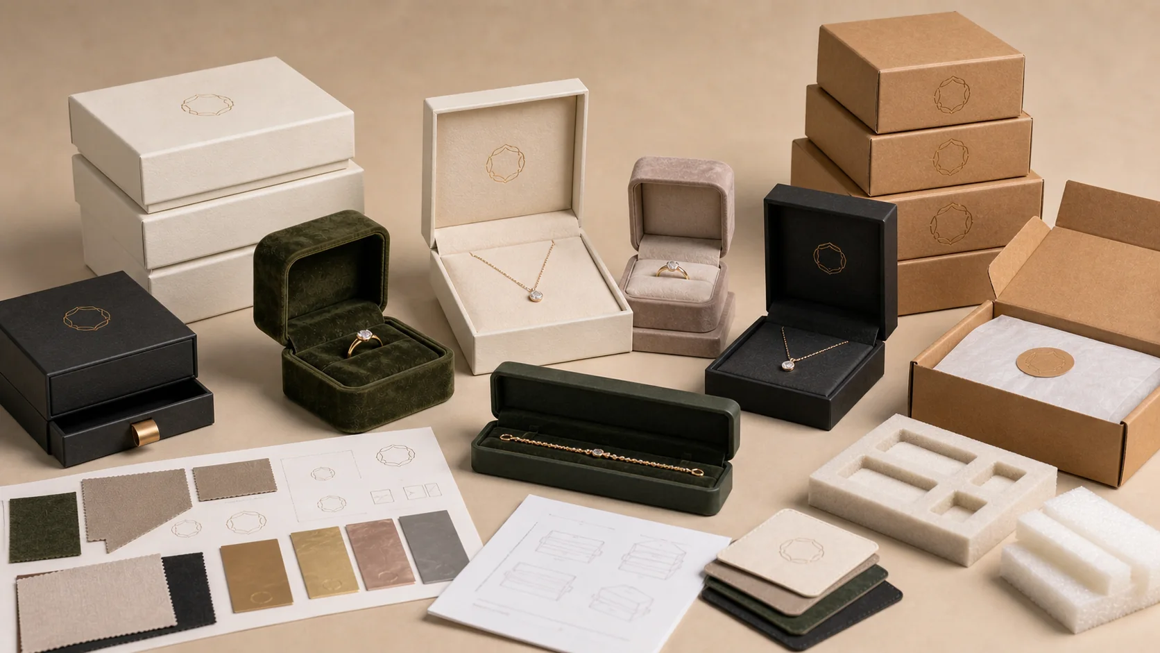 Low MOQ custom jewelry boxes guide showing small batch logo boxes, material swatches, inserts and sample approval notes