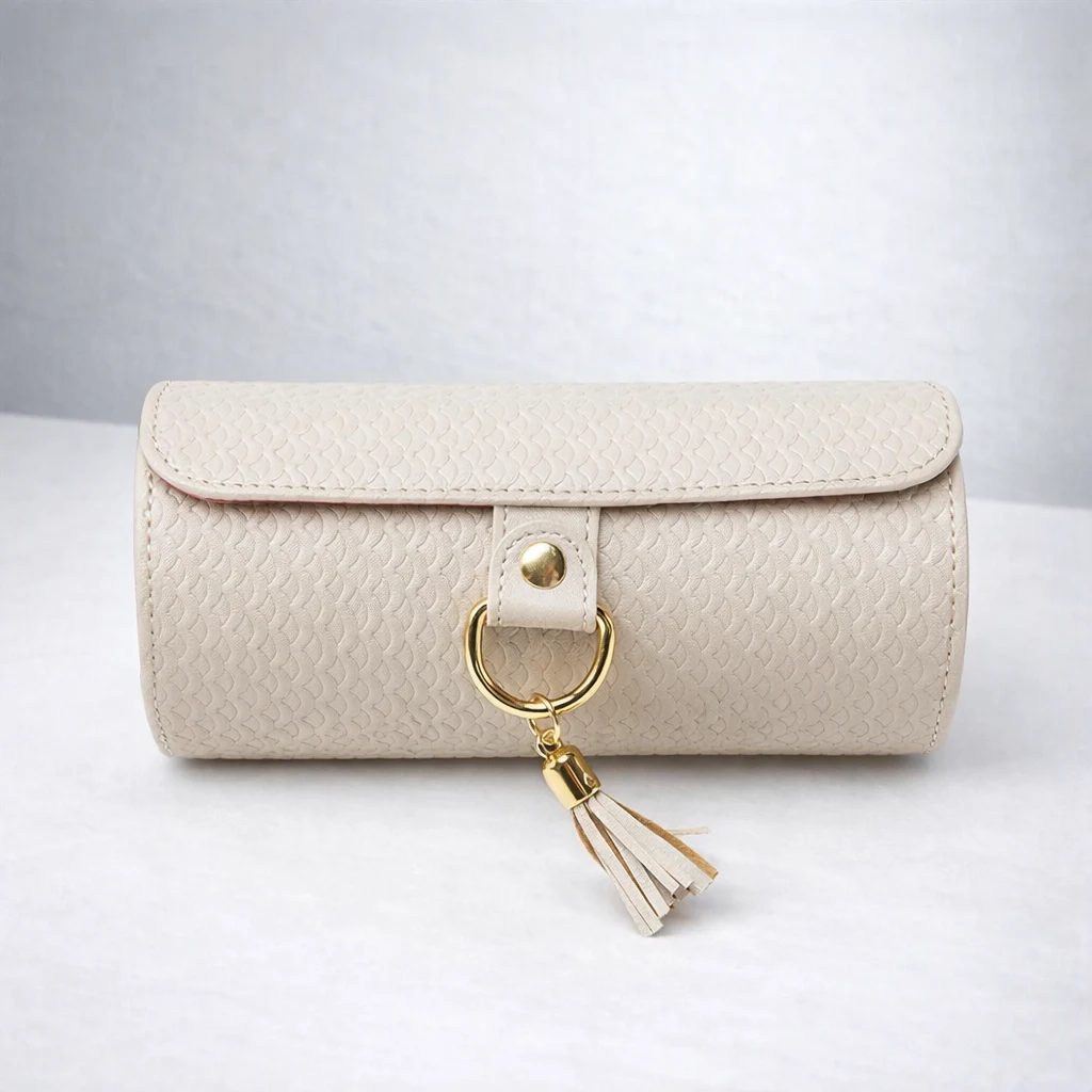Cream travel jewelry roll with tassel closure for pouch and soft packaging programs