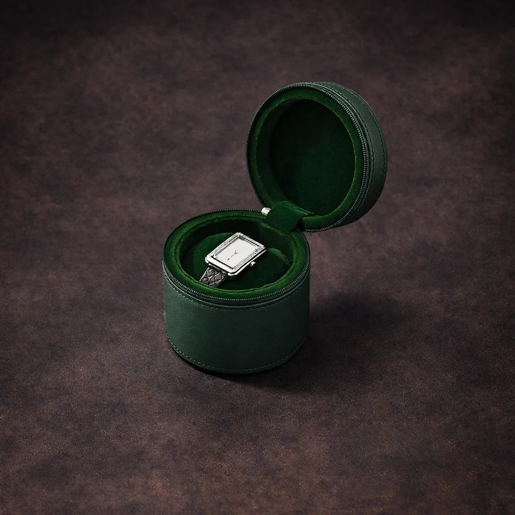 Custom Watch Boxes Wholesale | Watch Brand Packaging Custom round travel watch case with a padded watch compartment
