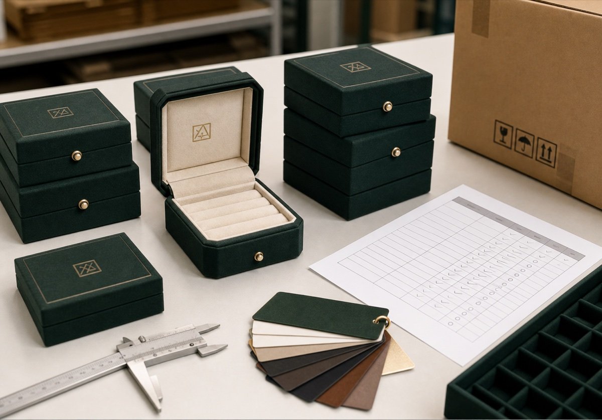 Custom Jewelry Packaging Services | OEM/ODM Process Bulk jewelry box quality control table with finished boxes color swatches caliper and inspection checklist