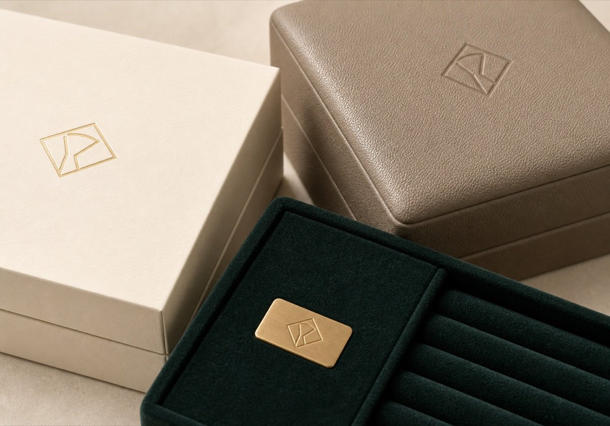 Custom Jewelry Packaging Services | OEM/ODM Process Custom jewelry box logo finish planning with foil emboss leatherette velvet and metal plate options