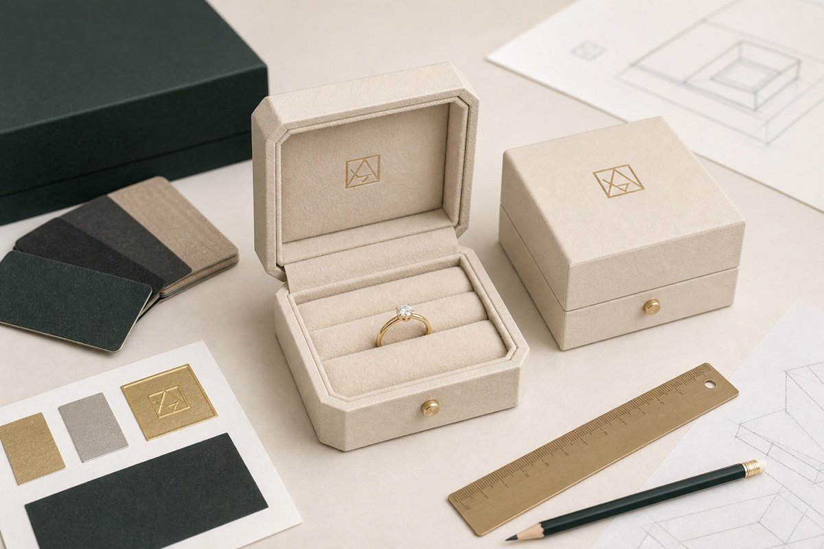 Custom Jewelry Packaging Services | OEM/ODM Process Custom jewelry packaging sample approval scene with jewelry box material swatches and logo finish sample