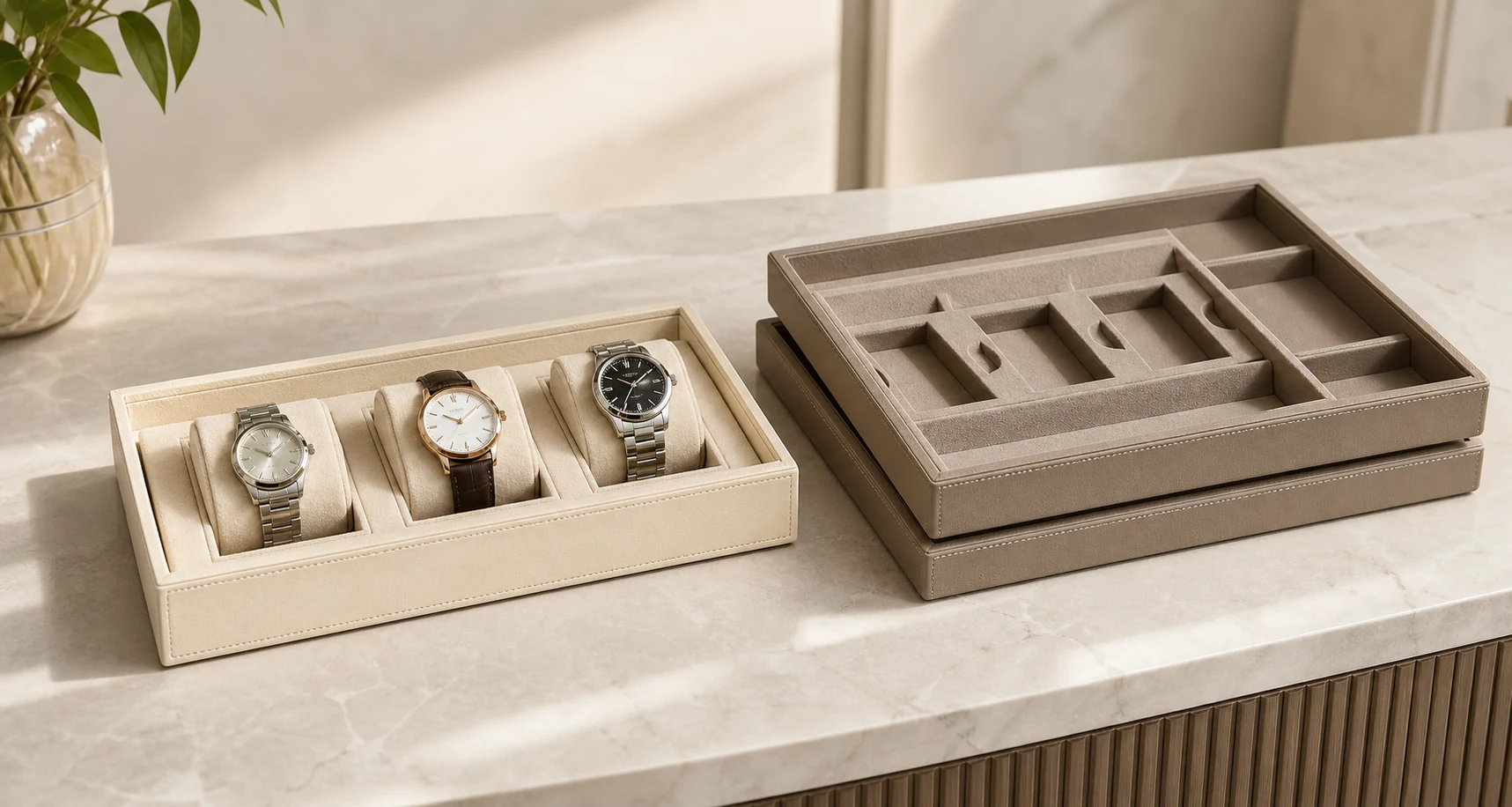 Custom Watch Trays Wholesale | Retail Display Trays Angled custom watch presentation tray for shop-window and counter display