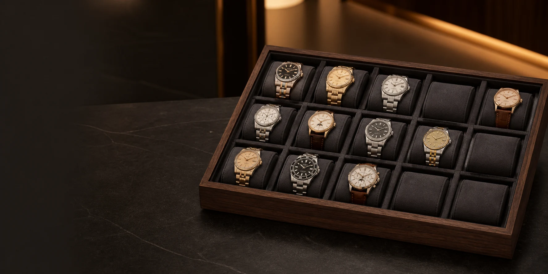 Custom Watch Trays Wholesale | Retail Display Trays Large custom wooden watch storage tray with lined compartments