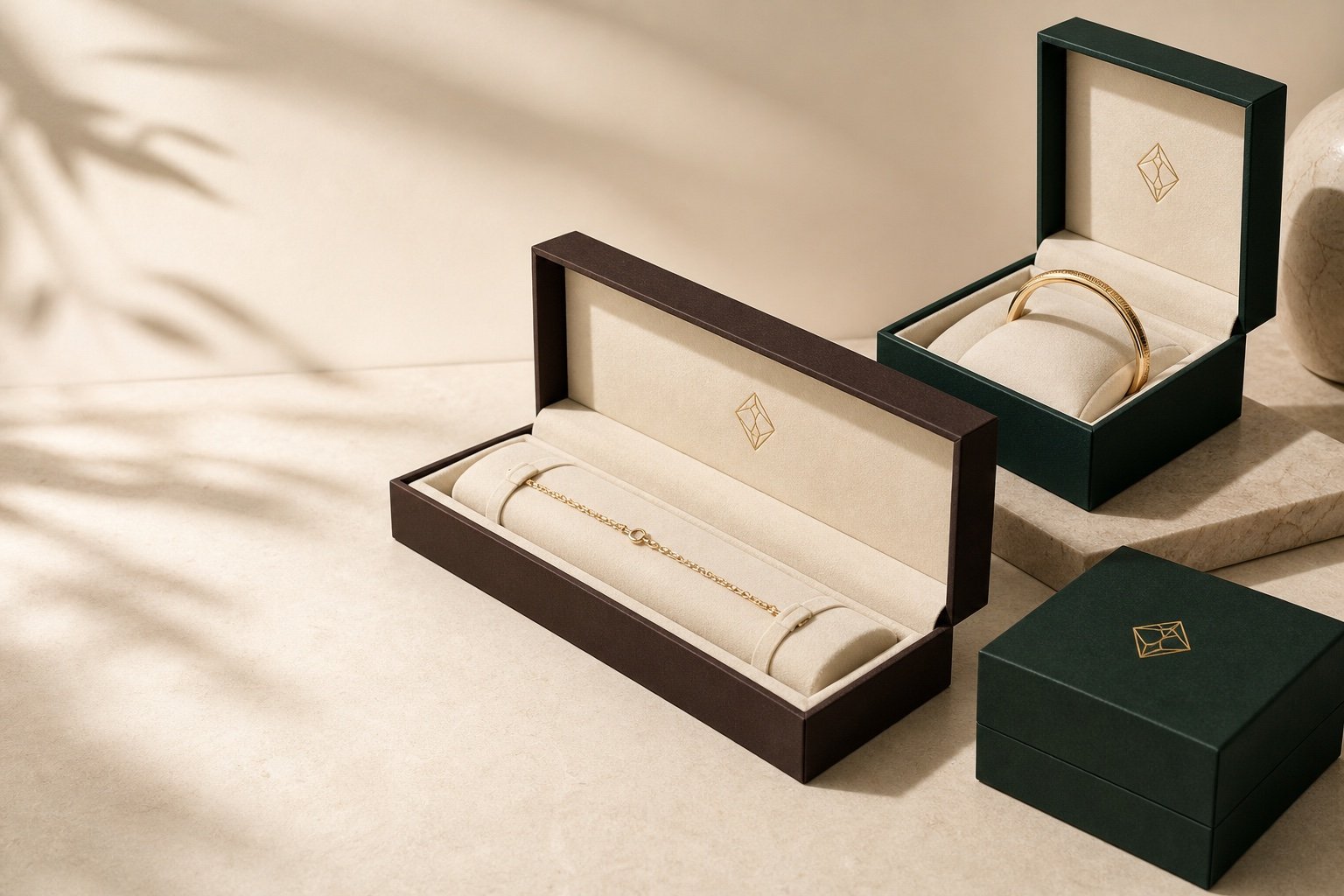 Custom bracelet and bangle boxes with fitted rolls and coordinated jewelry packaging