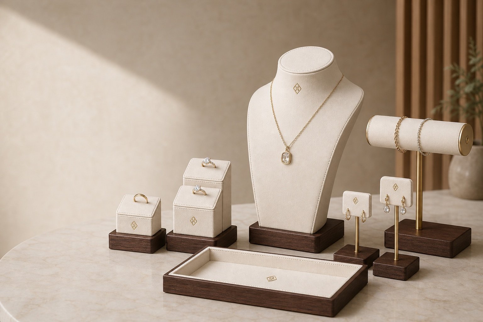 Custom Jewelry Display Sets & Trays | Wholesale Custom jewelry display set with coordinated necklace ring earring and bracelet fixtures