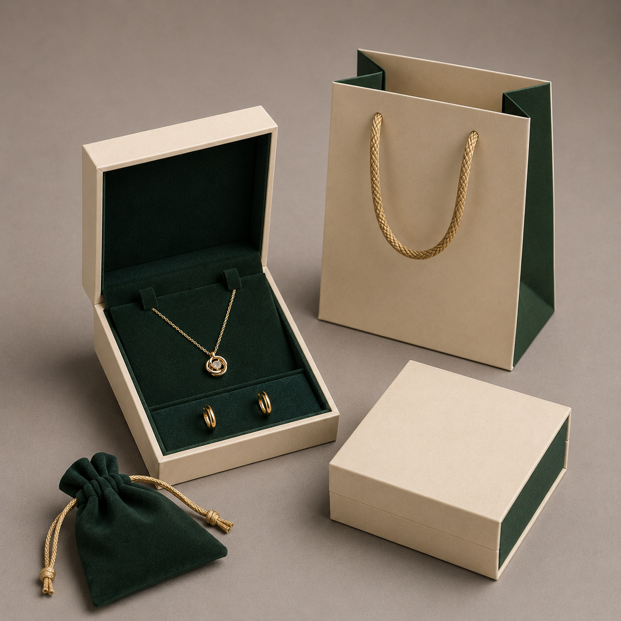 Coordinated jewelry gift packaging set with necklace, earring storage area, pouch and paper bag