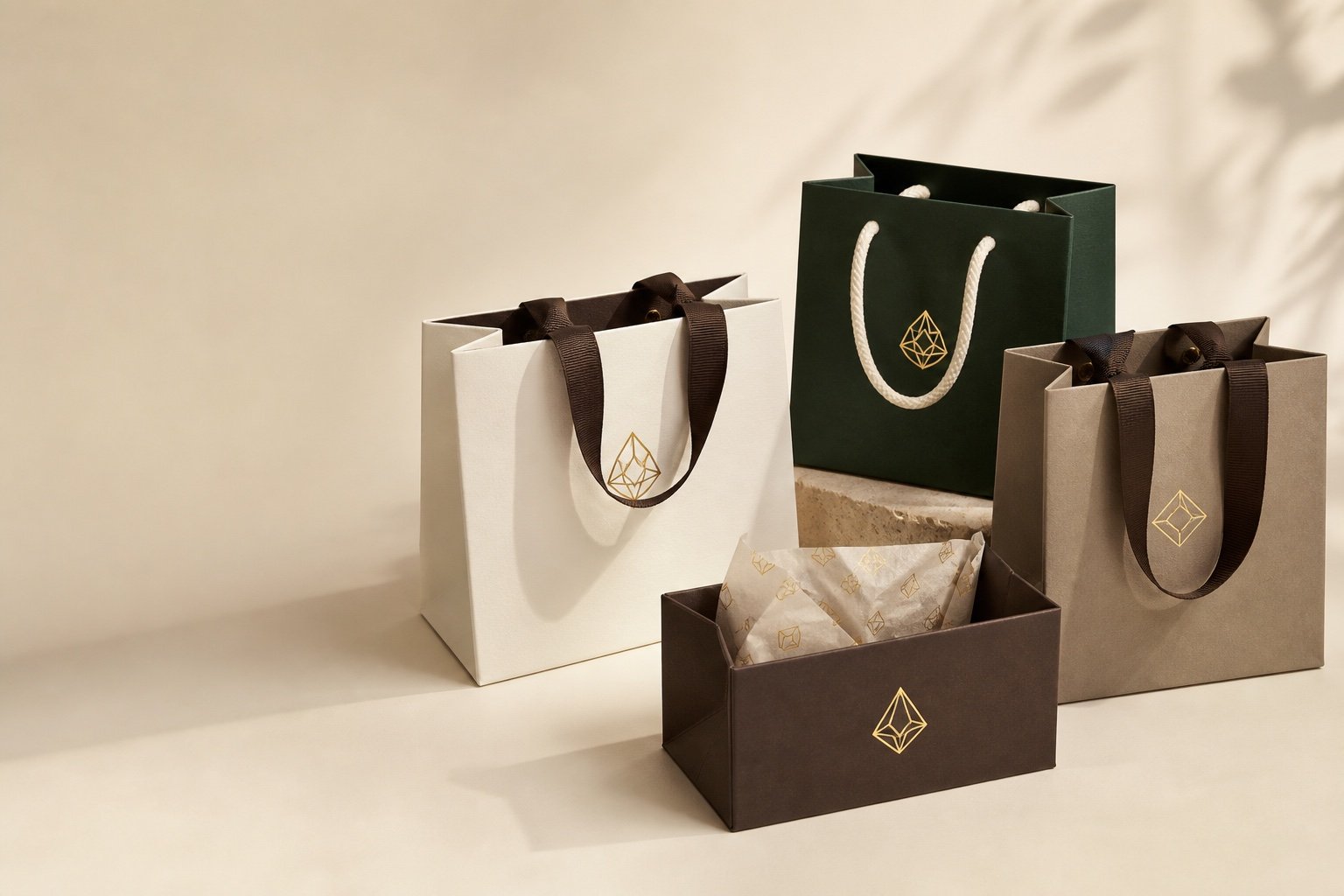 Custom Paper Jewelry Bags with Logo | Wholesale Luxury custom paper jewelry bags with ribbon and rope handles in coordinated brand colors